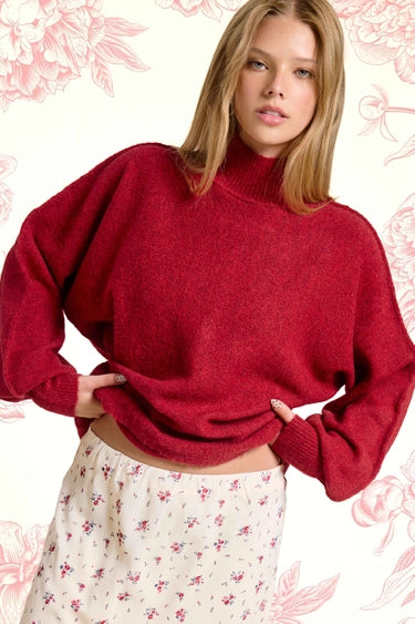 Balloon Sleeves Mock Neck Sweater Sangria