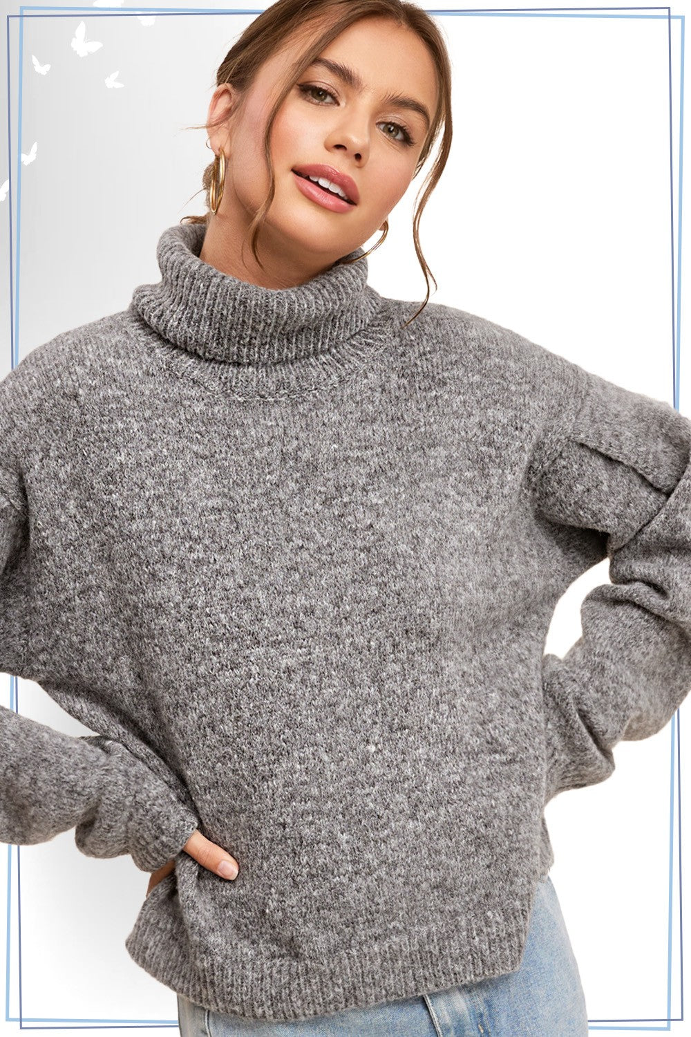 Turtleneck Pin Tuck Sleeve Sweater – Sesame