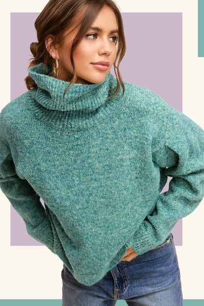 Turtleneck Pin Tuck Sleeve Sweater – Aqua