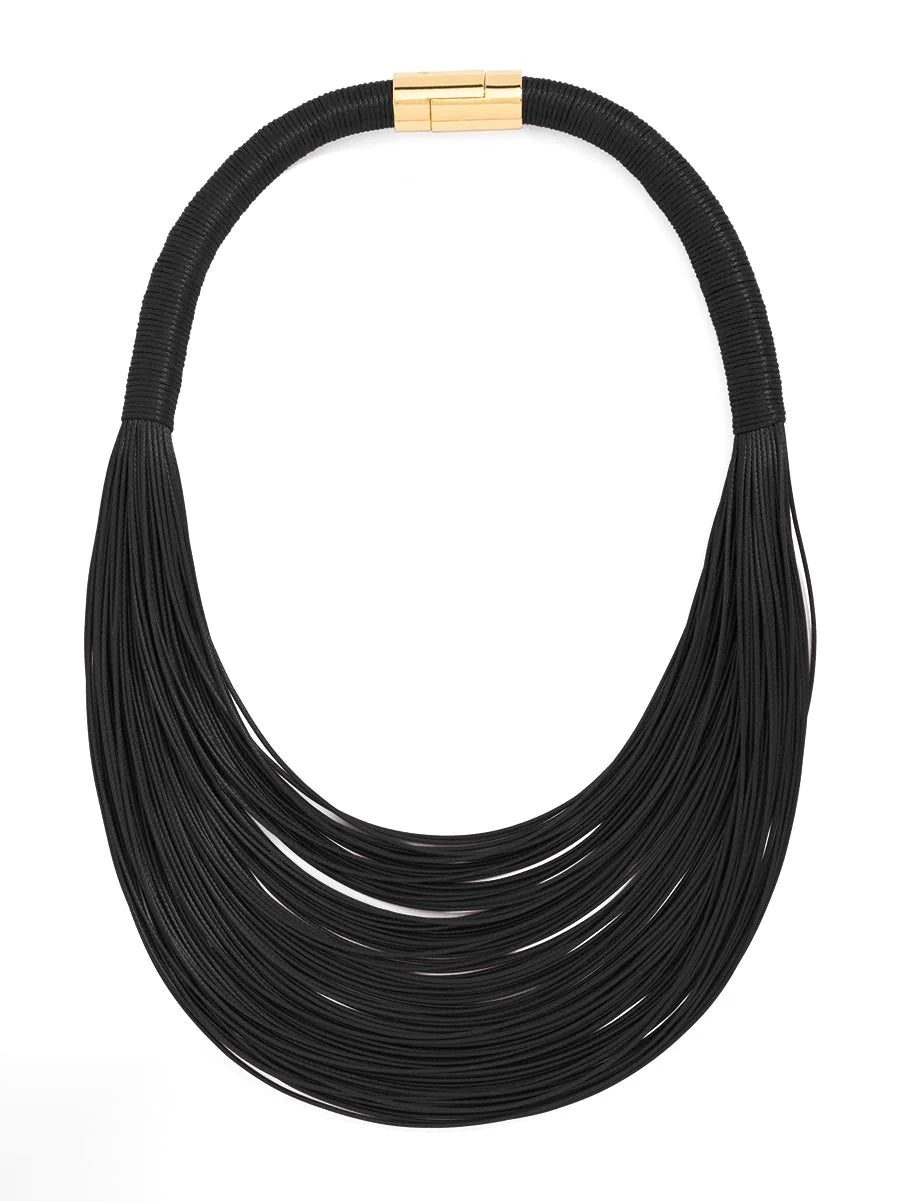 Layered Leather Rope Collar Necklace Black