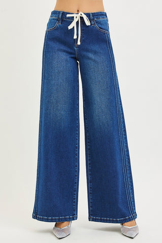 Risen Mid Rise Wide Side Pintuck Drawstring Jeans
