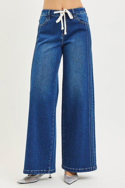 Risen Mid Rise Wide Side Pintuck Drawstring Jeans