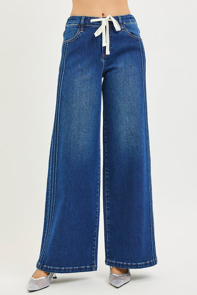 Risen Mid Rise Wide Side Pintuck Drawstring Jeans