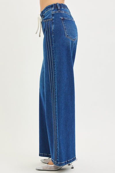 Risen Mid Rise Wide Side Pintuck Drawstring Jeans