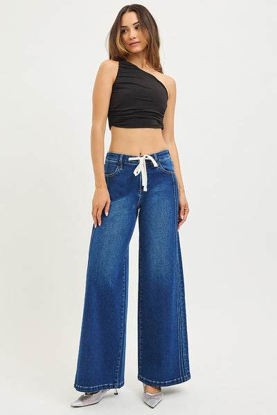 Risen Mid Rise Wide Side Pintuck Drawstring Jeans