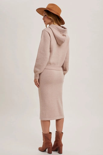 Knit Hoodie Top and Pencil Skirt Set Oatmeal