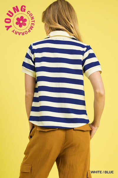 Skye Striped Polo Knit Top White/Blue