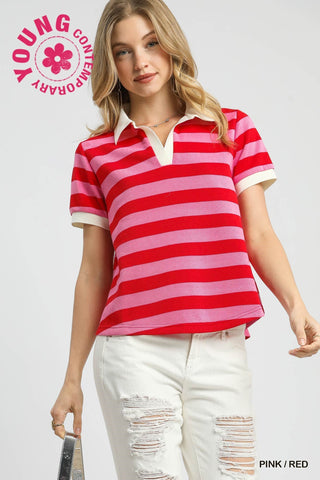 Skye Striped Polo Knit Top Pink/Red