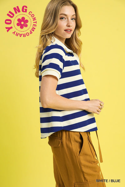Skye Striped Polo Knit Top White/Blue