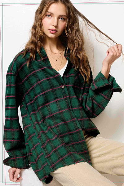 Two-Tone Wash Plaid Button Down Shirt - Green