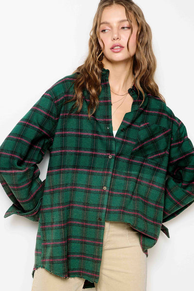 Two-Tone Wash Plaid Button Down Shirt - Green
