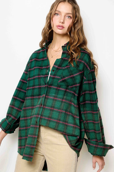 Two-Tone Wash Plaid Button Down Shirt - Green