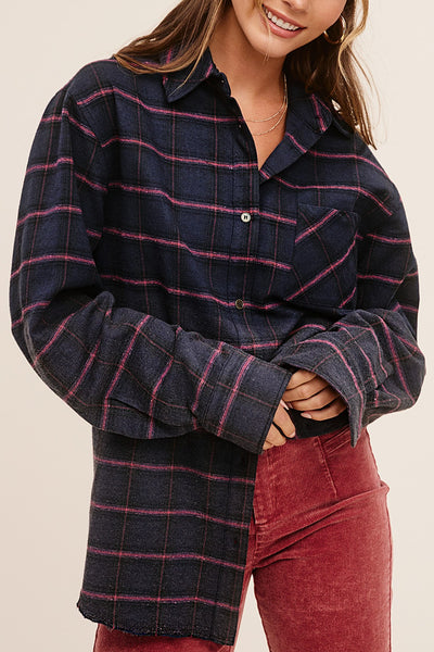 Two-Tone Wash Plaid Button Down Shirt - Navy