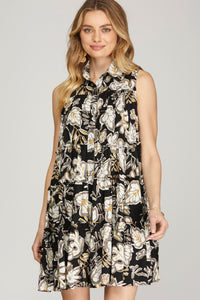 Leslie Leaf Print Tiered Dress Black