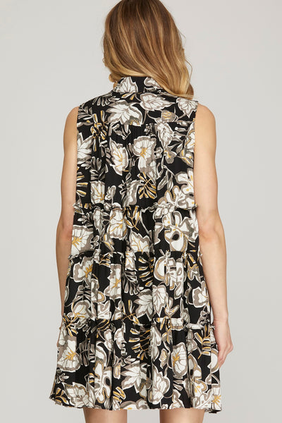 Leslie Leaf Print Tiered Dress Black