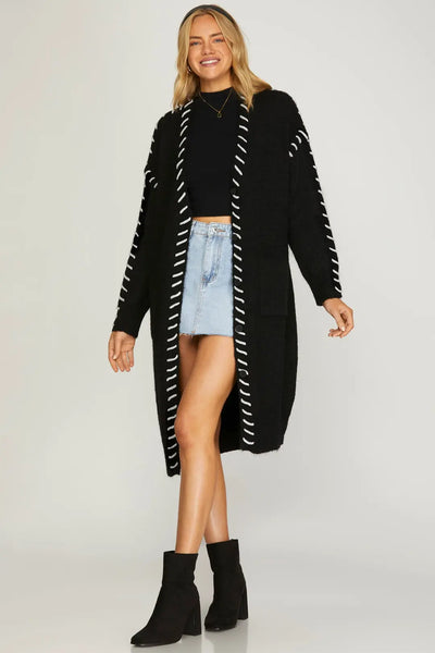 Black Contrast Stitch Long Cardigan
