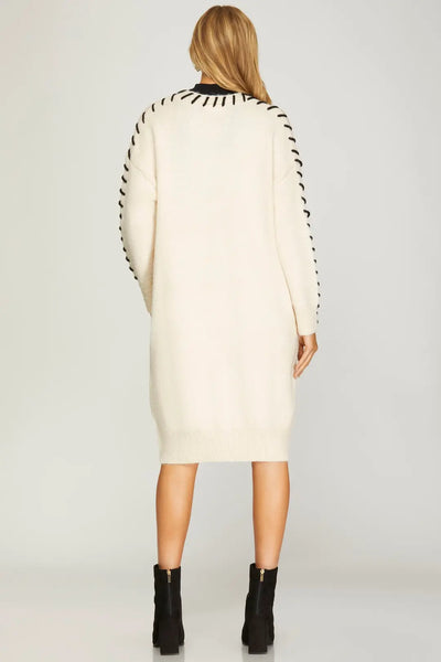 Cream Contrast Stitch Long Cardigan