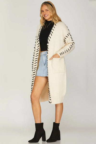 Cream Contrast Stitch Long Cardigan