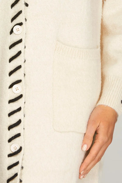 Cream Contrast Stitch Long Cardigan