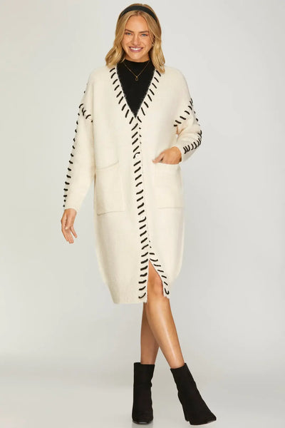 Cream Contrast Stitch Long Cardigan