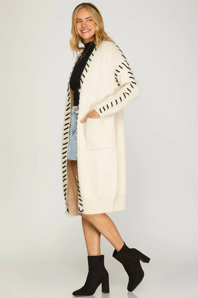 Cream Contrast Stitch Long Cardigan