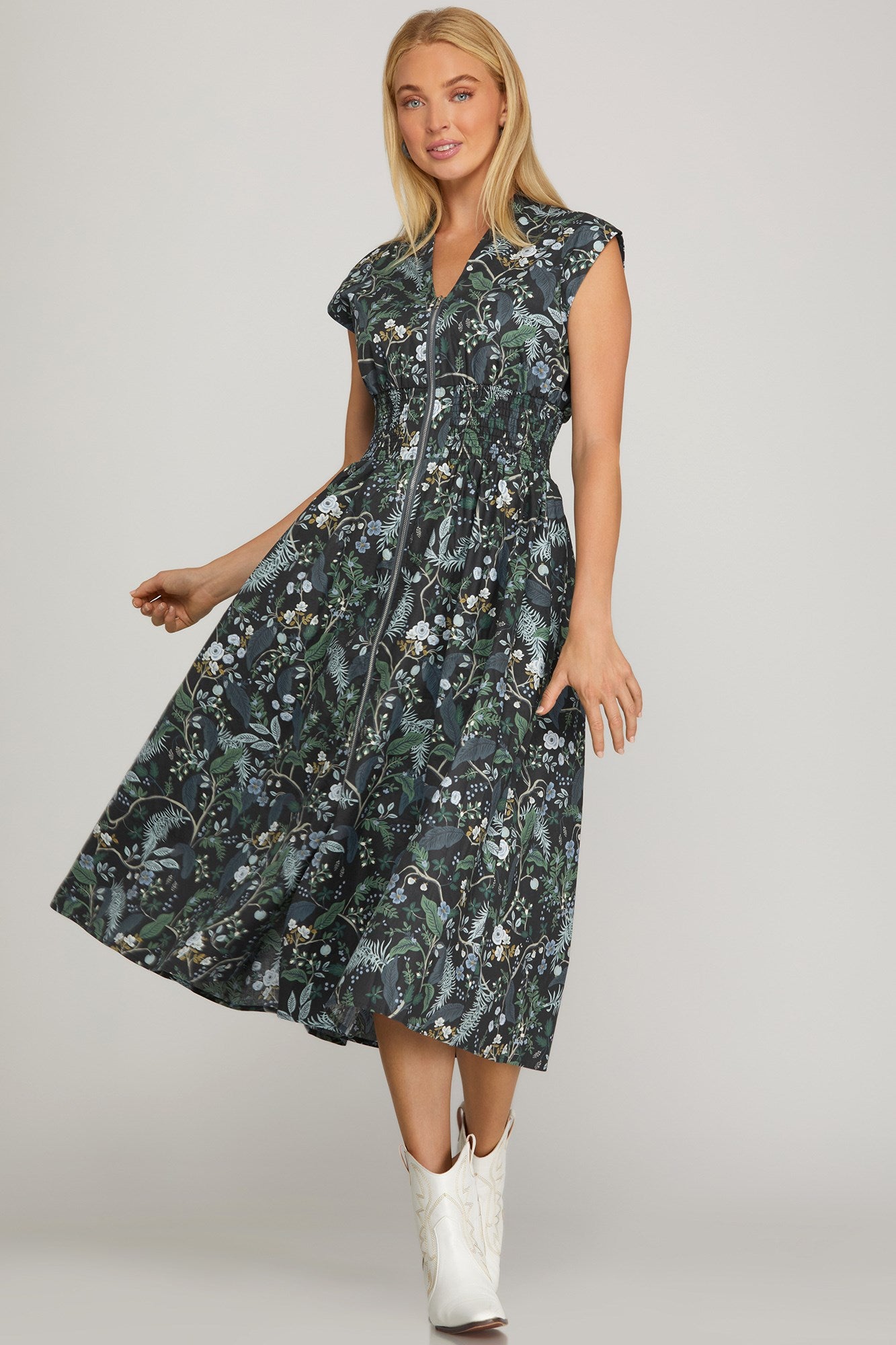 Dark Botanical Floral Midi Dress