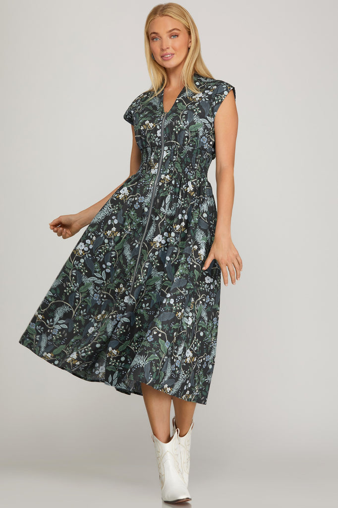 Dark Botanical Floral Midi Dress Smocked Waist & Pockets | Boutique S Dark Botanical Floral Midi Dress Smocked Waist & Pockets | Boutique S