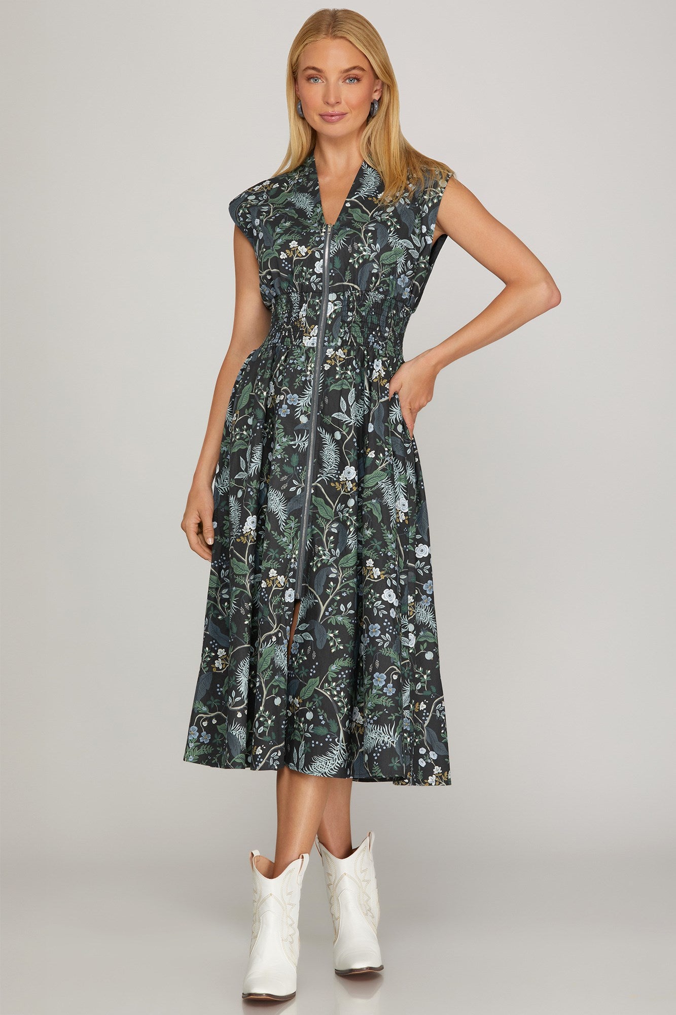 Dark Botanical Floral Midi Dress