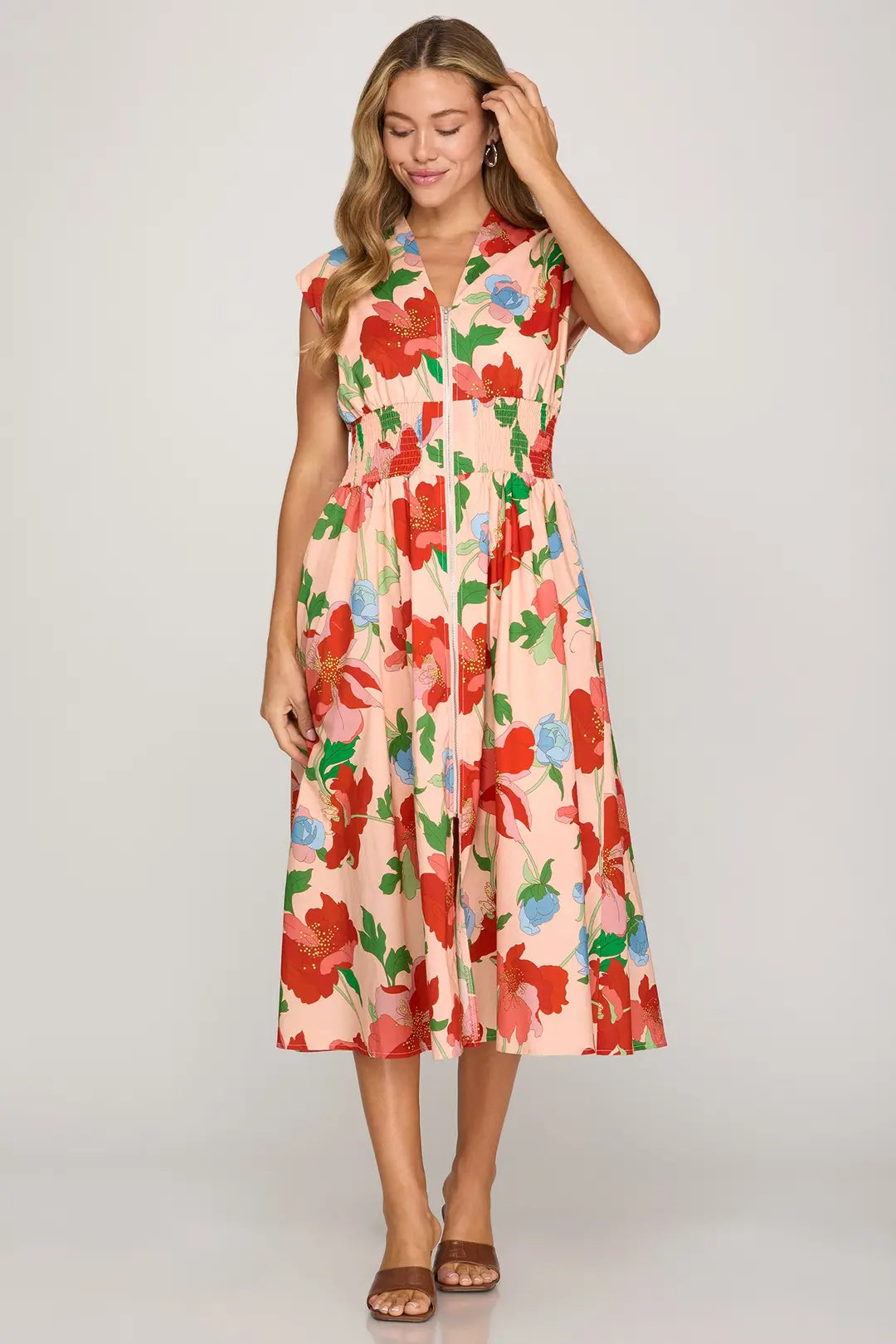 Lila Peach & Red Floral Smocked Waist Midi Dress