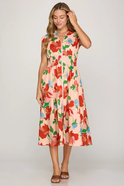 Lila Peach & Red Floral Smocked Waist Midi Dress
