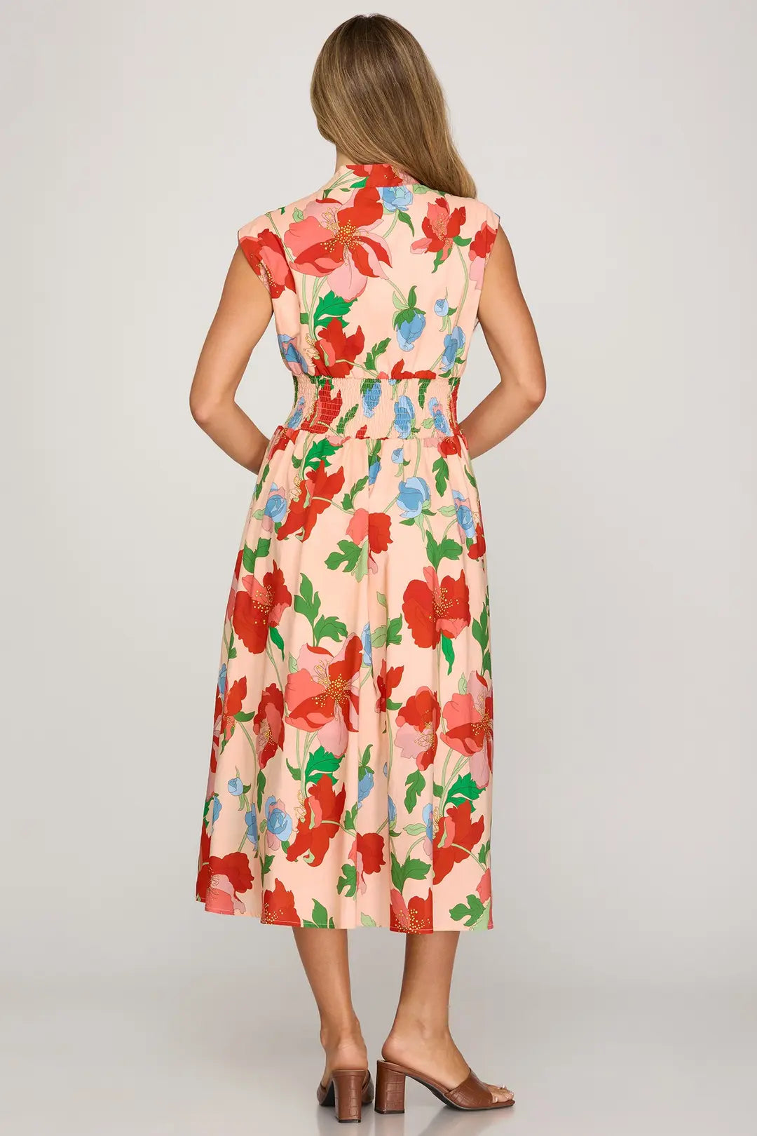 Lila Peach & Red Floral Smocked Waist Midi Dress