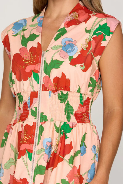 Lila Peach & Red Floral Smocked Waist Midi Dress