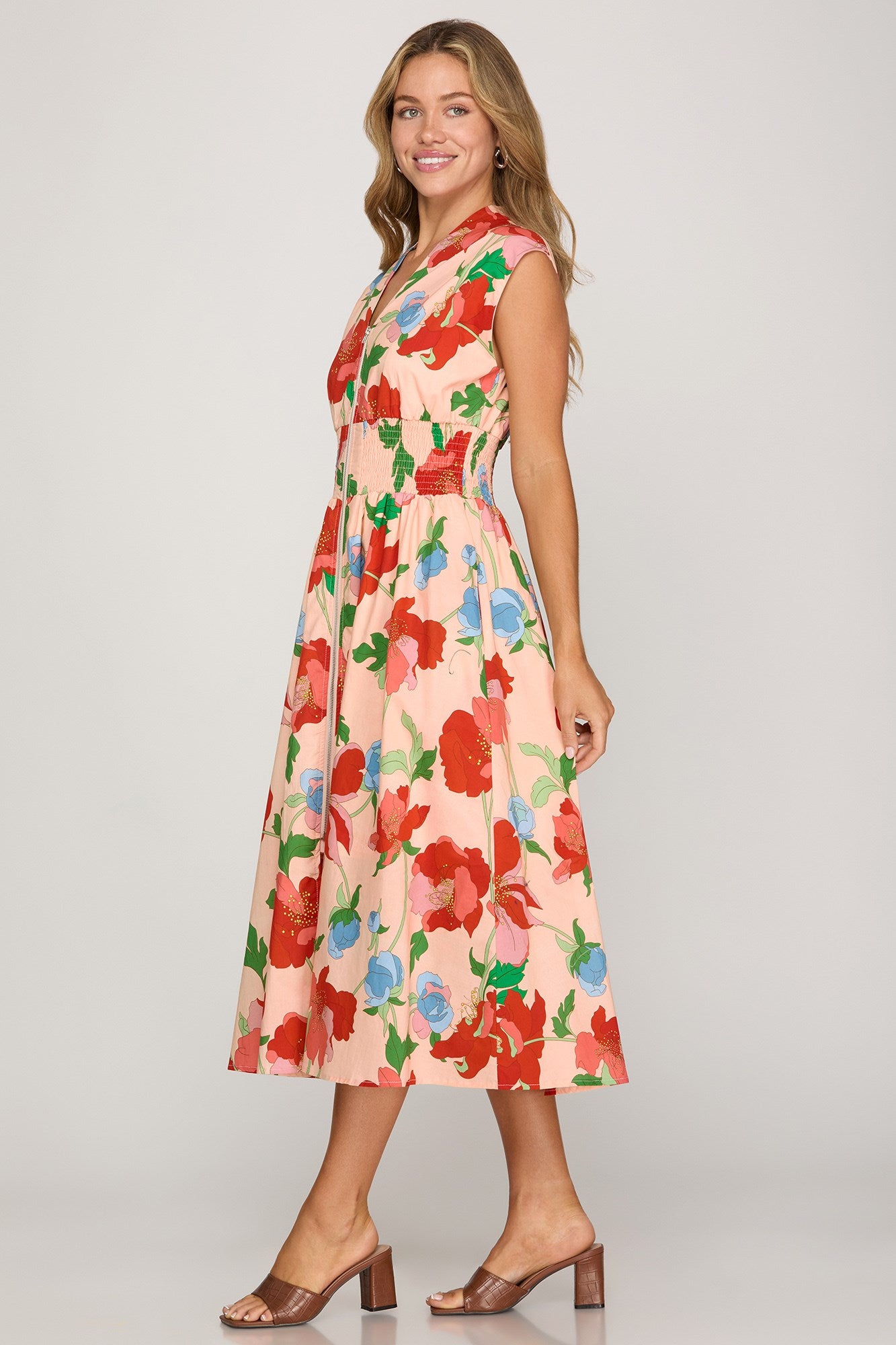 Lila Peach & Red Floral Smocked Waist Midi Dress