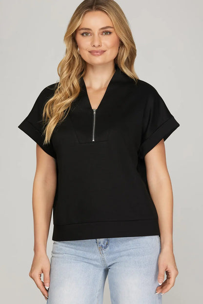 Sophie Drop Shoulder High Neck Half Zip Top - Black