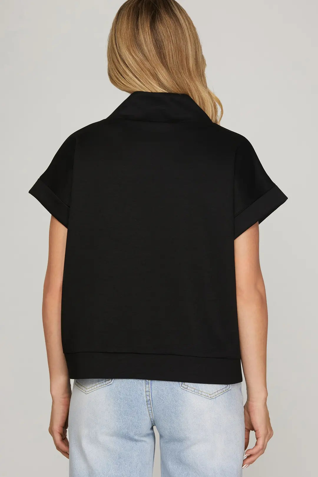 Sophie Drop Shoulder High Neck Half Zip Top - Black