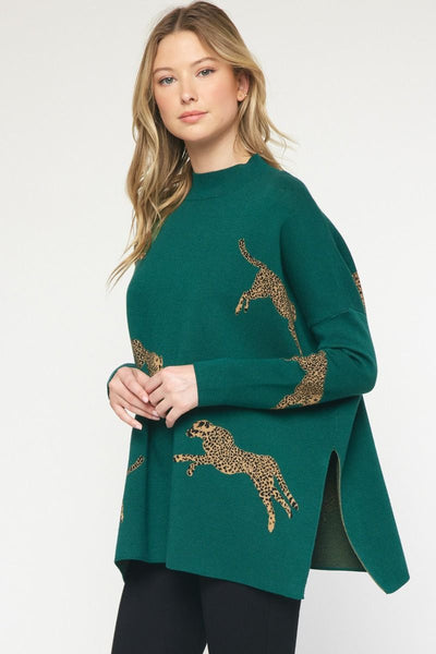 Cheetah Print Mock Neck Sweater Hunter Green