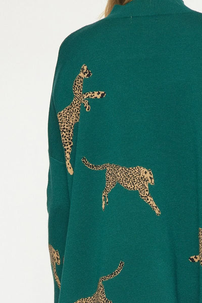 Cheetah Print Mock Neck Sweater Hunter Green