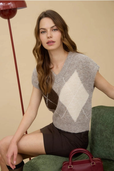 Argyle V Neck Sweater Vest Taupe