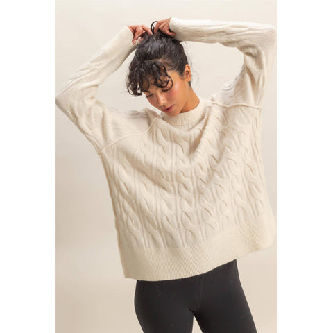 Crew Neck Cable Knit Sweater Cream