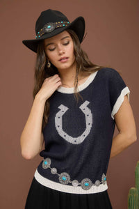 Horseshoe Short Sleeve Sweater Navy