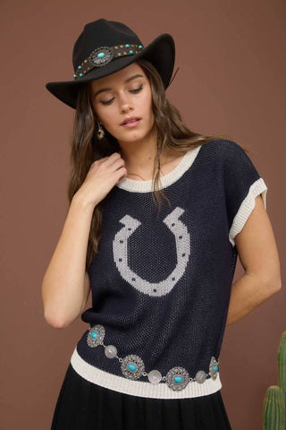 Horseshoe Short Sleeve Sweater Navy