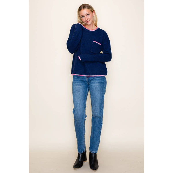 Blanket-Stitched Crew Neck Sweater Navy