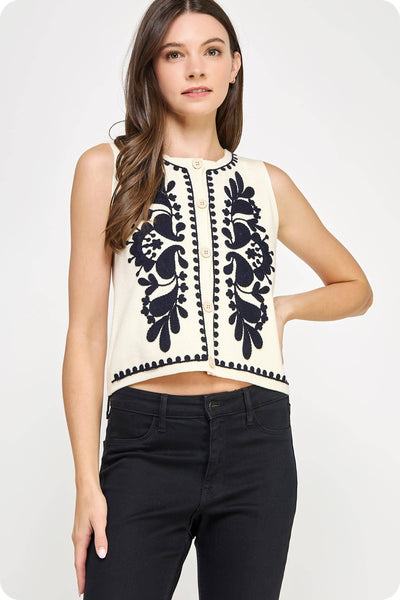 Embroidered Vest Top Ivory & Black