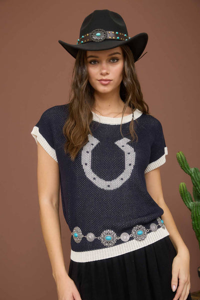 Horseshoe Short Sleeve Sweater Navy