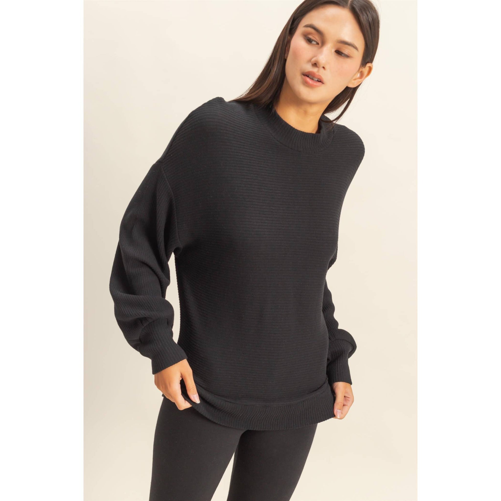 Ribbed Balloon Sleeve Top Black