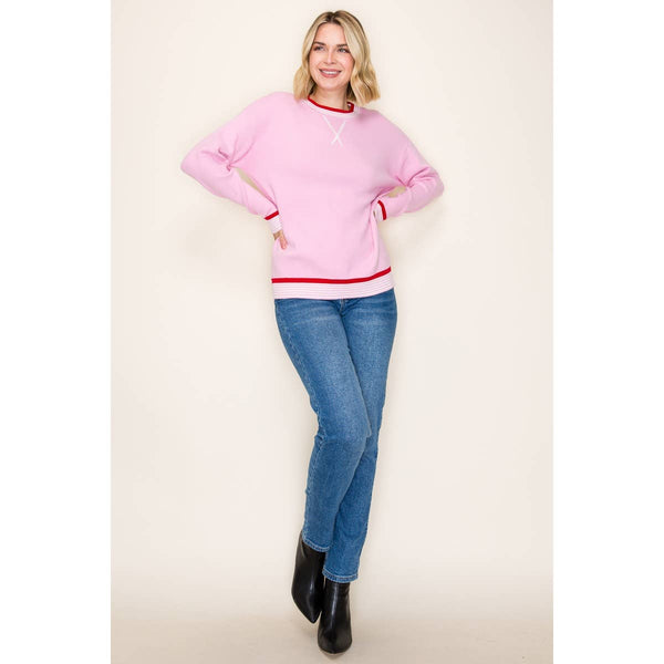 Varsity Trimmed Sweater – Light Pink