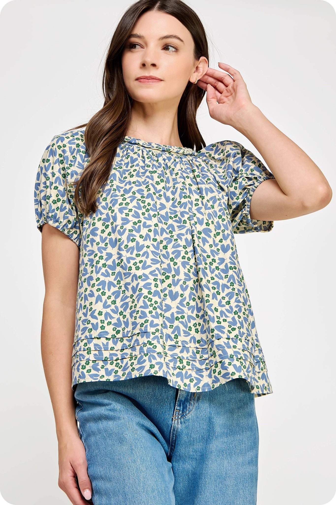 Braid Trim Floral Blouse Blue