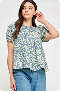 Braid Trim Floral Blouse Blue