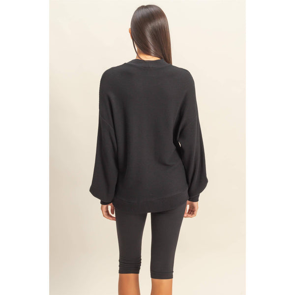 Ribbed Balloon Sleeve Top Black