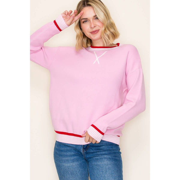 Varsity Trimmed Sweater – Light Pink